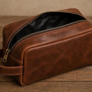 Genuine Leather Men Dopp Kit For Grooming Essentials With Waterproof Lining And Classic Vintage Look