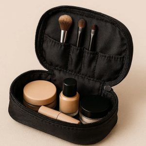 Compact Nylon Makeup Bag For Purse With Internal Brush Slots And Small Daily Cosmetic Organization